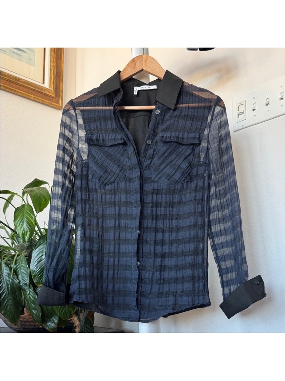 Derek Lam 10 Crosby Plaid Sheer Button-Up Blouse/Shirt Sz S Black Navy Blue